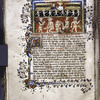 Opening of Book III.  Miniature of (above) Soul shown unbaptized souls (nudes) in band of darkness; (below) devils with instruments of torture, mock court scene:  Satan chained to seat, with a devil kneeling. Initial, border design, rubrics, placemarkers.