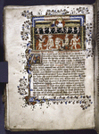 Opening of Book III.  Miniature of (above) Soul shown unbaptized souls (nudes) in band of darkness; (below) devils with instruments of torture, mock court scene:  Satan chained to seat, with a devil kneeling. Initial, border design, rubrics, placemarkers.