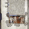 Soul shown souls in large kettle surrounded by devils with instruments of torture; border design, rubrics, placemarkers.