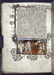 Soul shown souls in large kettle surrounded by devils with instruments of torture; border design, rubrics, placemarkers.