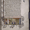 Opening of Book IV.  Miniature of Soul shown Green and Dry Trees, with pilgrims between.  Rubrics, placemarkers, border design.