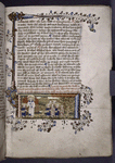 Opening of Book IV.  Miniature of Soul shown Green and Dry Trees, with pilgrims between.  Rubrics, placemarkers, border design.