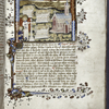 Miniature of Soul with vision of the asses' tombs; churches beside.  Initial, rubrics, placemarkers, border design.