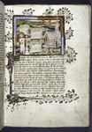 Miniature of Soul with vision of the asses' tombs; churches beside.  Initial, rubrics, placemarkers, border design.