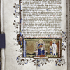 Miniature of Soul shown Lady Doctrine, as a woman with halo and long tongue, holding a nude child.  Rubrics, placemarkers, border design.