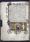Miniature of Soul shown Lady Doctrine, as a woman with halo and long tongue, holding a nude child.  Rubrics, placemarkers, border design.