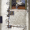 Book V.  Miniature of Guardian Angel descending from clouds to soul (in flames) with the multitude of larks.  Initial, border design, rubrics, placemarkers.