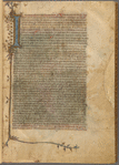 Opening of text, in one column, large initial with extensions far into border.  Linefiller, placemarkers