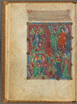 Large miniature of angels, with text, initials, linefiller.