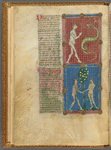 Two miniatures:  Eve and the Serpent and Adam and Eve eating the apple.  With text, initials, linefillers, placemarkers