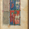 Two miniatures:  God calling Adam and Eve (who now appear with fig leaves), and Adam blaming Eve for giving him the Apple.  With text, initials, linefiller, placemarkers