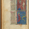 Text in narrow column, flanked by images of God addressing Eve and the Serpent. 2-line initials, placemarkers, linefillers, fol. 7v