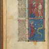 Text in narrow column, flanked by images of God addressing Eve and the Serpent.  2-line initials, placemarkers, linefillers