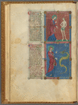 Text in narrow column, flanked by images of God addressing Eve and the Serpent.  2-line initials, placemarkers, linefillers
