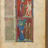Two miniatures:  God making clothing for Adam and Eve, and the Expulsion from the Garden.  With text, initials, linefiller, placemarkers