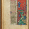 Two miniatures:  Adam and Eve working, with their sons, and Cain and Abel at work.  With text, initials, placemarkers, linefillers, and catchword