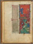Two miniatures:  Adam and Eve working, with their sons, and Cain and Abel at work.  With text, initials, placemarkers, linefillers, and catchword