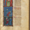 Three miniatures:  Cain and Abel make offerings; Cain slays Abel; God confronts Cain.  With text, initials, linefillers, placemarkers