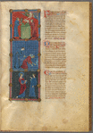 Three miniatures:  Cain and Abel make offerings; Cain slays Abel; God confronts Cain.  With text, initials, linefillers, placemarkers