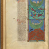 Two miniatures:  the Flood, and the Ark landing on the mountain.  With text, initials, linefiller, placemarker