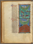 Two miniatures:  the Flood, and the Ark landing on the mountain.  With text, initials, linefiller, placemarker