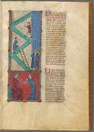 Two miniatures:  the Tower of Babel, and God and Abraham.  With text, initials, linefillers, placemarkers