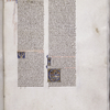 Page of text with illuminated initials (one with grotesque figures), historiated initial, penwork initial, rubrics, book name and chapter number