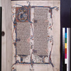 Opening of main text -- prologue to psalms. Historiated initial, border work, biblical scenes at the foot of each column, etc.  Signature "Ancram" that of Marquess of Lothian (and Earl of Ancram) the 18th century owner