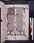 Opening of main text -- prologue to psalms. Historiated initial, border work, biblical scenes at the foot of each column, etc.  Signature "Ancram" that of Marquess of Lothian (and Earl of Ancram) the 18th century owner