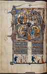 Full-page initial D of Psalm 26, showing scenes from 1 Samuel 20. Miniatures, illuminated title