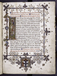 Opening of text.  Historiated initial, full border design, coat of arms of Cardinal Piccolomini, rubrics, sentence markers, placemarkers