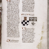 Page of text with coats of arms, initials, and placemarkers, f. 265