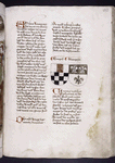 Page of text with coats of arms, initials, and placemarkers
