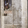Incipit of text, with initial, rubric, border design.  Miniature showing the figure of the author in a gothic chamber, asleep.  He has a pen in his hand, a book open on a lectern, and other books scattered around.  A cat chases a mouse across the floor.