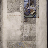 Miniature showing 1. Minerva observing two men weaving; 2. chapel to Minerva with statue of her in full armor with winged helmet, with a lance and a shield showing the head of Medusa. An owl perched at her feet.  Initial, rubric, border design.
