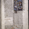 Miniature showing 1. Venus enthroned as Queen of Cypriens, beneath a red canopy, surrounded by couples at play; 2. temple scene with worshippers and statue of goddess; 3. scene showing prostitues; 4. ships in harbor.  Border design, initial and rubric.