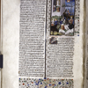 Miniature showing 1. Jupiter's messenger selects the young Europa, as she struggles against the soldier who overcomes her, with two bulls nearby.  A ship bears the emblem of the white bull; 2. Europa worshipped in Tarentum. Rubric, initial, border design.