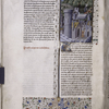 Miniature showing Pyramus and Thisbe conversing through a wall, their death by the fountain with the lion and the tomb of Ninus, and other scenes.