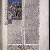 Miniature showing 1. Hypermnestra in a prison cell; 2. Linus and three men murder Danaus; 3. Hypermnestra's sister murders her husband in bed.  Cathedral town and clock tower in background.  Initial, border design.