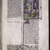 Miniature showing 1. Group of worshippers at statue of Latona.  Niobe, dressed as a queen, stands apart, trying to sway people from their worship; 2. Niobe mourns over the corpses of her husband, Amphion, and her children.  Initial, rubric, border design.