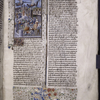 Miniature showing 1. Hypsipyle enthroned in public square, before her husband's supposed pyre, with armed women slaying men; 2. Hypsipyle sold to pirates by Lycurgus; 3. Hypsipyle and Lycurgus on boats.  Initial and border design.