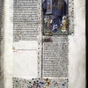 Miniature showing 1. Arachne at her loom, surrounded by men, with scene of lovers on tapestry and female figure on bare warp threads; 2. Arachne hung by a rope in a bare gray chamber, arms akimbo.  Initial, rubric, border design.