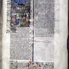 Miniature showing 1. Orithya kneels and holds scepter to Hercules, who presents Menalippe in chains; 2. armies of Athenians and Amazons charge at each other; 3. empty warships of Hercules docked in the harbor.  Initial, rubric, border design.