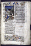 Miniature showing 1. Orithya kneels and holds scepter to Hercules, who presents Menalippe in chains; 2. armies of Athenians and Amazons charge at each other; 3. empty warships of Hercules docked in the harbor.  Initial, rubric, border design.