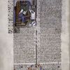Miniature showing Erythraea, wearing a blue gown, turning the page of a manuscript on the lectern of a golden altar decorated with icons and books.  A rich library with ornately clasped books visible. Gothic architectural frame. Border design and initial.
