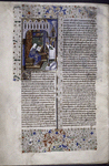 Miniature showing Erythraea, wearing a blue gown, turning the page of a manuscript on the lectern of a golden altar decorated with icons and books.  A rich library with ornately clasped books visible. Gothic architectural frame. Border design and initial.