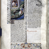 Miniature showing 1. the centaur Nessus pierced by the arrow of Hercules following his attempt to abduct Deianaira, who takes tunic covered in the centaur's blood; 2. Servant presents the tunic to Hercules in his bedroom.  Initial, rubric, border design.