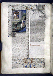 Miniature showing 1. the centaur Nessus pierced by the arrow of Hercules following his attempt to abduct Deianaira, who takes tunic covered in the centaur's blood; 2. Servant presents the tunic to Hercules in his bedroom.  Initial, rubric, border design.