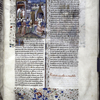 Miniature showing 1. Marriage of Jocasta and Oedipus on the steps of a gothic church; 2. Jocasta appears to argue with Oedipus; 3. Jocasta's and Oedipus' sons go to battle in the presence of their sisters.  Rubric, initial, border design.