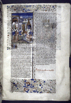 Miniature showing 1. Marriage of Jocasta and Oedipus on the steps of a gothic church; 2. Jocasta appears to argue with Oedipus; 3. Jocasta's and Oedipus' sons go to battle in the presence of their sisters.  Rubric, initial, border design.